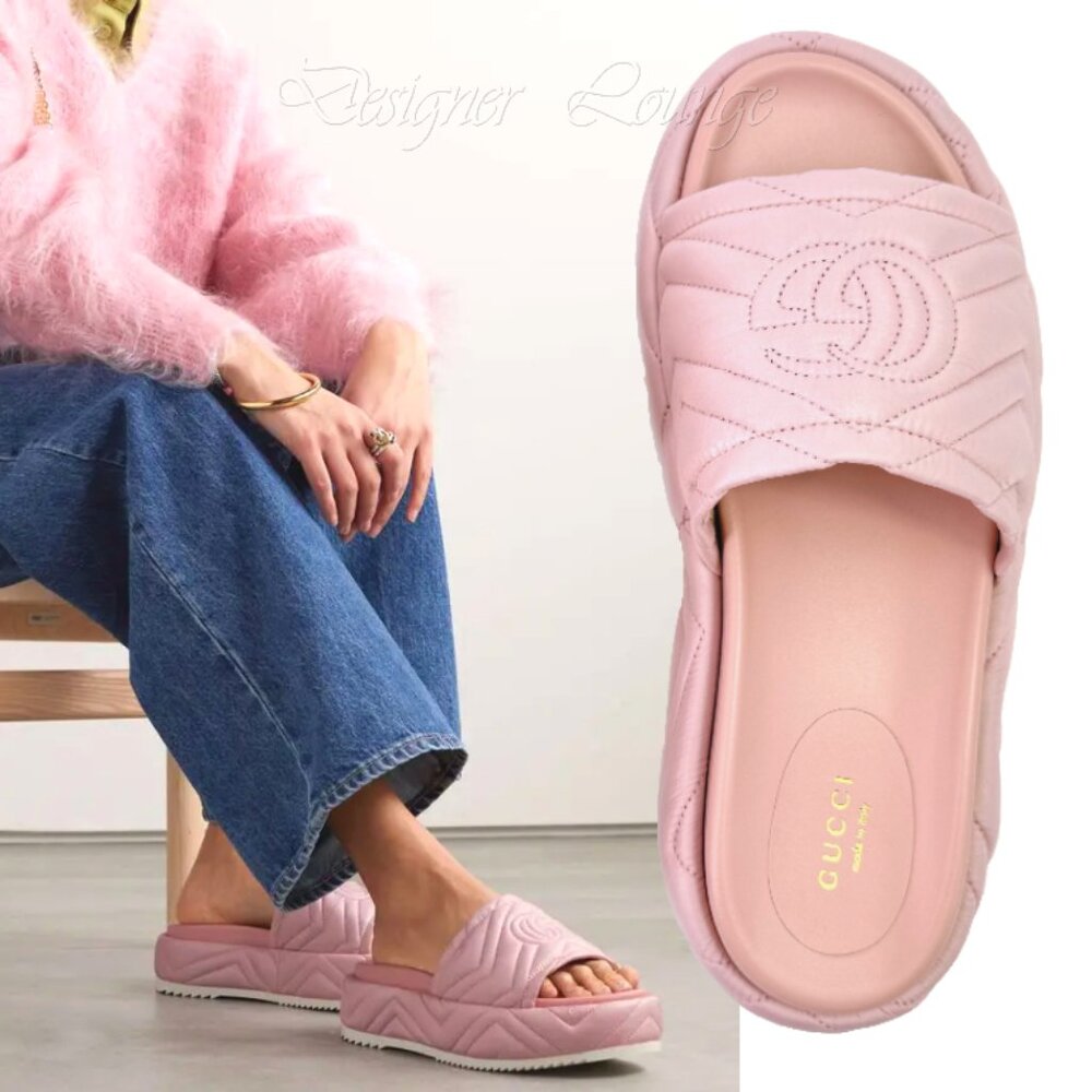 NEW GUCCI Angelina Quilted GG Logo Pink Nylon Platform Sandals EU 39 US 9